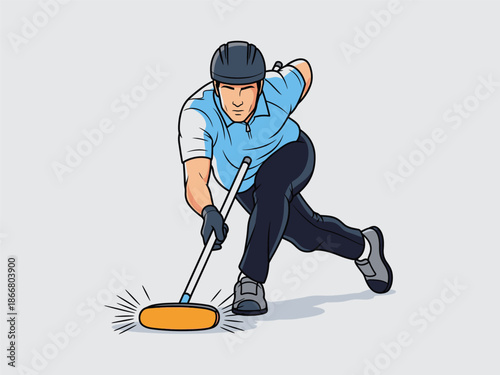 Man Playing Floorball with Stick and Ball.