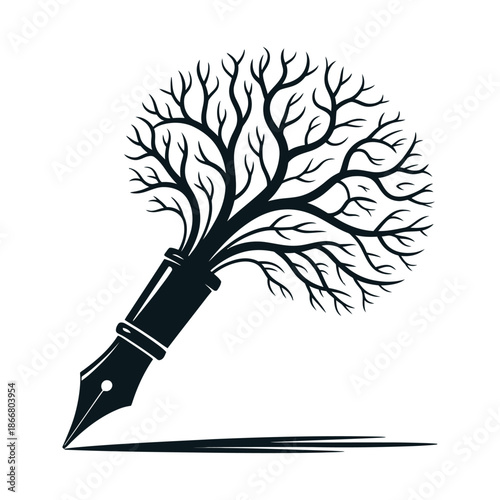 Creative writing design concept fountain pen with tree branches forming idea shape representing learning knowledge education and wisdom in black and white vector art