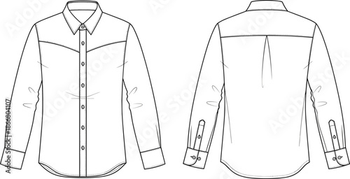 Fashion technical flat sketch of men long sleeve western button down shirt with pointed yoke and cuff details for tech pack
