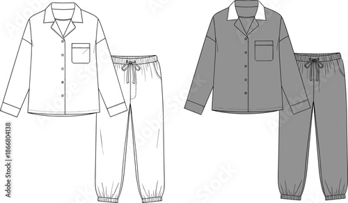 Fashion technical flat sketch of women pajama set with notch collar button down shirt and drawstring jogger pants design template
