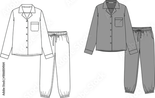 Fashion technical sketch of pajama set with button down shirt and jogger pants flat drawing template for apparel design and tech pack