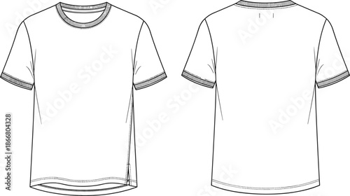 Technical Fashion Illustration of a Men and Women Basic Crew Neck T-Shirt Template Featuring Front and Back CAD Views for Apparel Design