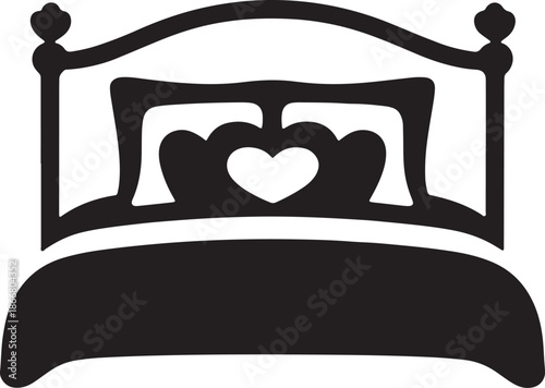 Black silhouette of vintage bed with heart ornament headboard and cozy bedding furniture icon