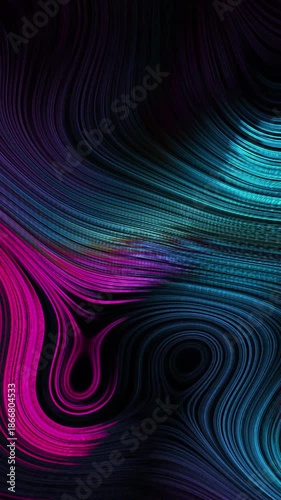 Vertical neon fluid waves in magenta & teal. Vibrant rippling motion for futuristic social media loops & mobile backgrounds.