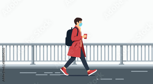 A young man wearing a protective face mask and a red coat walks casually with a backpack and coffee cup along an urban sidewalk, depicting a modern daily routine.