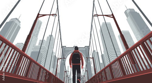 A lone traveler with a backpack walks across an iconic red bridge, heading towards a modern city skyline under a bright sky, symbolizing urban adventure and new beginnings.