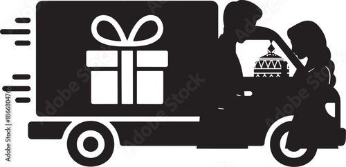 Romantic gift delivery truck vector silhouette with couple and cake for special celebrations