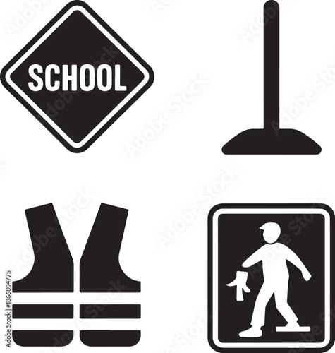 Safety icons set with school crossing sign traffic signal and pedestrian reflective vest symbol