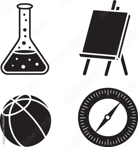 Science lab beaker art easel ball and compass icons set vector silhouettes on transparent grid