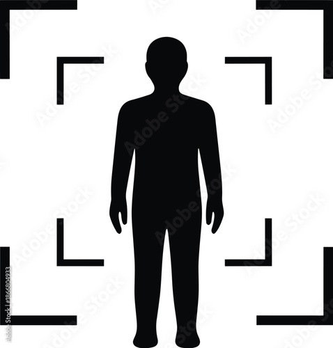 Human silhouette with corner brackets, biometric scan icon, black and white design, minimal style, recognition and targeting symbol
