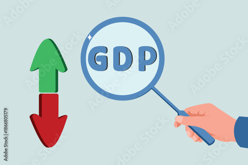 Magnifying glass showing GDP (Gross Domestic Product), import or export for country income growth, stock market profit value and up and down arrow symbol icon, annual percentage value report concept.