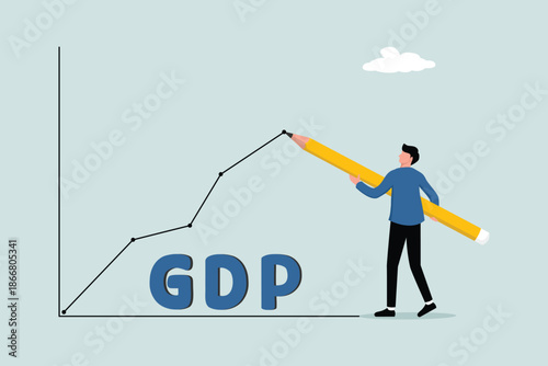 A businessman draws a rising line graph with the word GDP written on it. The concept of increasing gross domestic product.