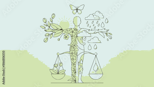 Abstract Human Figure Representing Nature Connection and Ecological Balance on Green and Blue Background