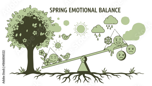 Symbolic Spring Emotional Balance Illustration with Tree, Seesaw, Emojis, and Weather Elements in Bright Studio
