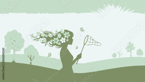 Happy Woman with Flowers in Hair Chasing Butterflies in a Green Spring Meadow Silhouette