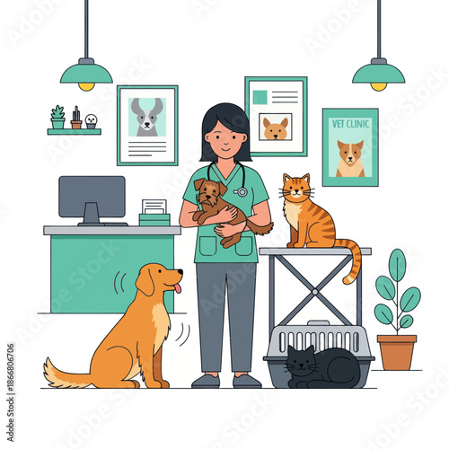 Veterinarian holding dog with other pets nearby.