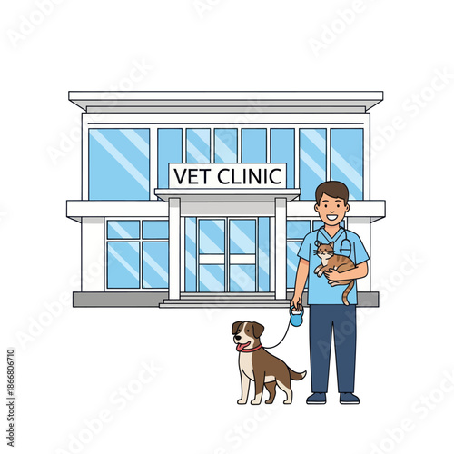 Veterinarian with dog and puppy outside clinic.