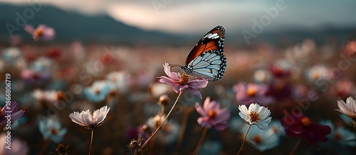 A butterfly rests on a flower in a field of blooms at dusk