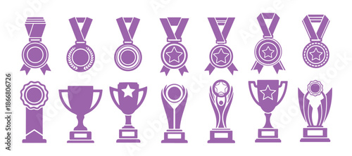 Medal icons, awards for winners in different shapes. Champion trophies. Vector illustrations
