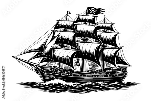 Side profile pirate ship cutting through waves, long hull and full sails