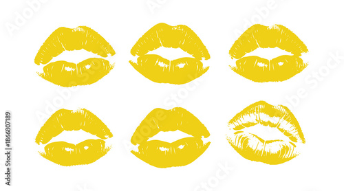 Set of lipstick kiss prints for Valentine's Day and love illustrations. A collection of lip marks featuring a grunge effect. Vector art.