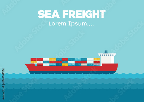 Illustration of a red cargo ship transporting containers across the blue sea