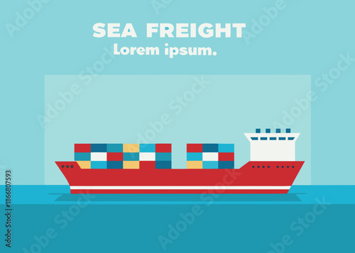 Illustration of a red cargo ship transporting containers on blue water