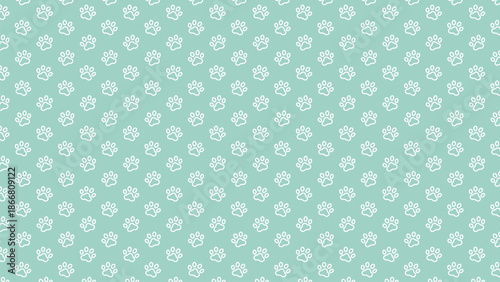 Cute animal footprint seamless pattern on teal background, repeating paw print vector illustration for textile design. Seamless pattern of white dog or cat paw prints on a mint green background
