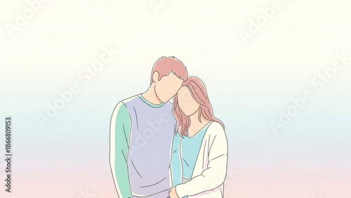 A minimalist vector illustration of a romantic couple embracing in a tender moment
