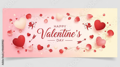 A festive Valentine's Day banner with hearts and cupids on a pink background