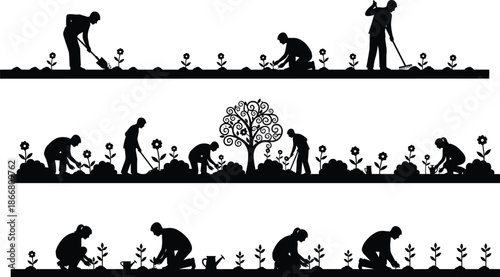 Farmers planting seedlings, agriculture silhouettes, teamwork in farming, crop growth stages, rural lifestyle, sustainable farming concept, organic gardening, field work illustration