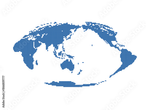 A blue world map showing continents and oceans, centered on the Pacific, on a white background.