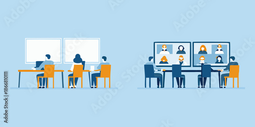 Hybrid workplace collaboration showing both in office and remote team members connecting