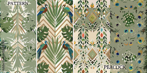 Elegant peacock feather and tropical leaf repeating patterns on various backgrounds