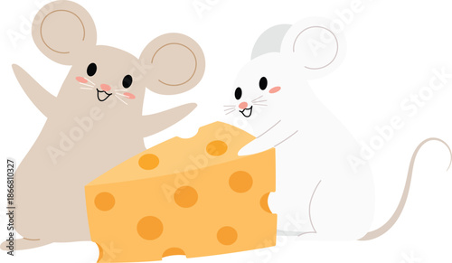 happy mice character found yummy cheese, cheerful beige mouse and white mouse got cheese 