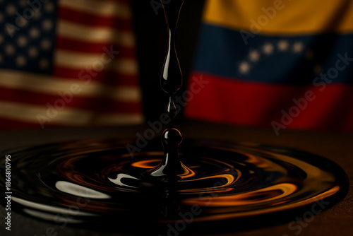Thick crude oil dripping onto surface with Venezuela and USA flags in background symbolizing fossil fuel dependency, energy trade, geopolitical tension, sanctions, and global economic relations