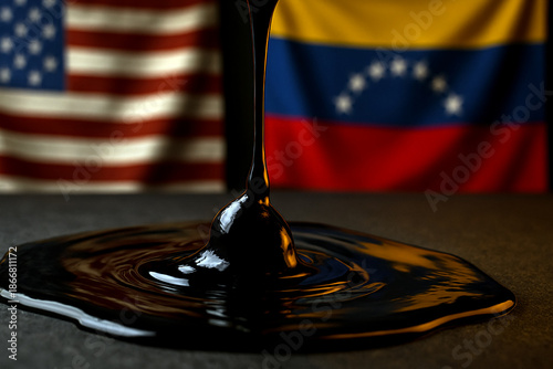 Oil spill foreground with split USA and Venezuela flags in background symbolizing energy crisis, geopolitical tension, sanctions, diplomacy, economic conflict, and global power dynamics