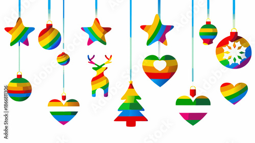 Colorful hanging decorations including stars hearts trees and a reindeer