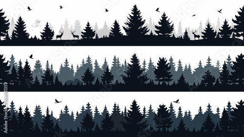 Silhouetted forest scene featuring deer birds and dense coniferous trees