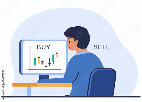 A man intently observing stock market charts on a computer screen