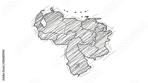 Artistic Hand-Drawn Sketch Map of Venezuela with Cross-Hatching Texture on Isolated White Background