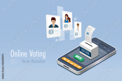 Vote ballot dropping into the election box on smartphone. E voting, online election, political vote concept. Vector.	