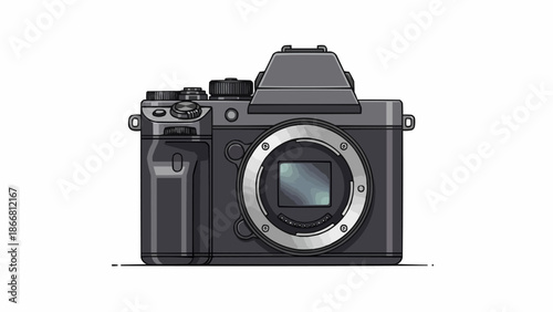 Modern digital camera body front view isolated on white background.