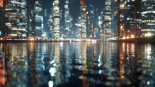 Cityscape illuminated at night with reflections on water, showcasing modern architecture. Buildings reflecting into water