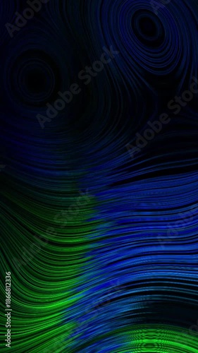 Mesmerizing green-blue fluid energy. Vertical abstract loop with glowing neon ripples, perfect for creative reels and mobile content.