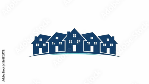 Row of blue houses on a white background.