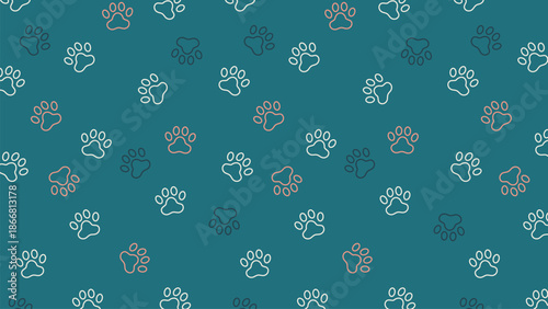 Seamless pattern of coral and white animal paw prints on a teal background. Cute pet footprint vector illustration for vibrant fabric, wallpaper, and creative branding