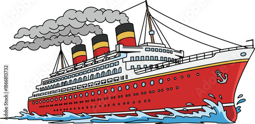 Vintage Ocean Liner Cruise Ship Illustration with Red Hull and Smoking Chimneys Sailing on Blue Waves Isolated on White Background for Travel Design