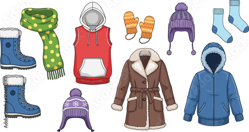 Set of Winter Clothes and Cold Weather Accessories Vector Illustration including Warm Coats Boots Hats Scarves and Mittens for Seasonal Design