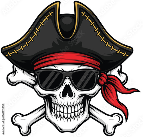 Cool Pirate Skull with Sunglasses and Crossbones Wearing a Traditional Captain Hat and Red Bandana Vector Mascot Illustration for T-shirt Design